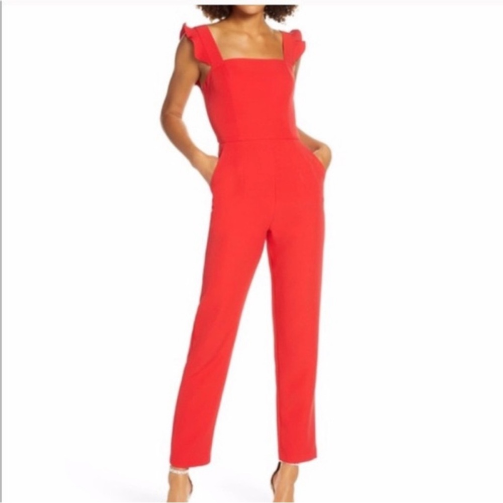 CHARLES HENRY Red Ruffle Strap Jumpsuit Sz Small